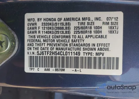 2012 Honda Crosstour Ex-L из США, поврежденный, VIN 5J6TF2H54CL011149